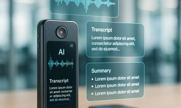 AIボイスレコーダー「PlAUD NOTE」がスマートフォンとノートの横に置かれ、背後に浮かぶホログラムに音声波形と要約テキストが表示されているモダンなオフィス風景