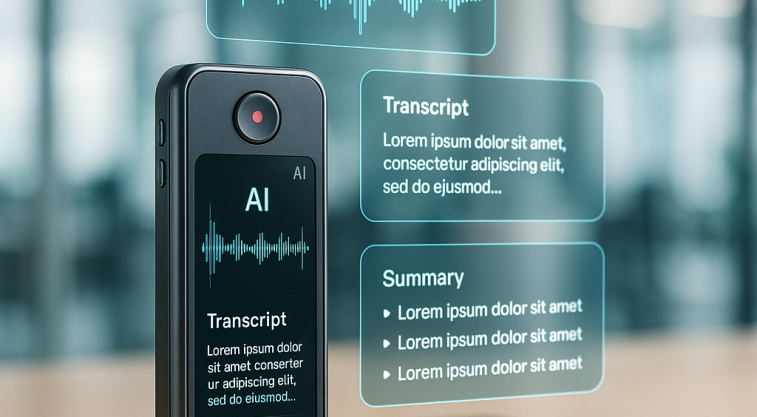 AIボイスレコーダー「PlAUD NOTE」がスマートフォンとノートの横に置かれ、背後に浮かぶホログラムに音声波形と要約テキストが表示されているモダンなオフィス風景
