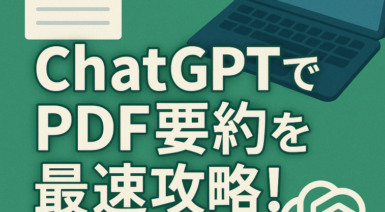 PDFファイル、ノートパソコン、ChatGPT風アイコンを背景にした、"ChatGPTでPDF要約を最速攻略！"というキャッチフレーズ入りバナー画像
