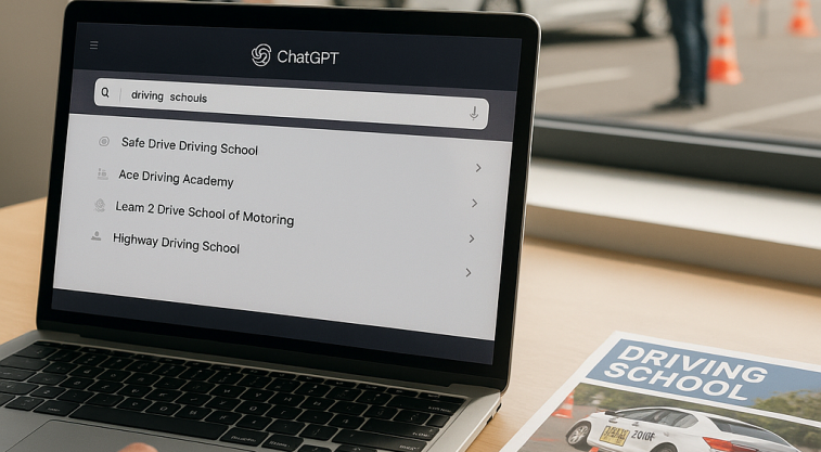 ChatGPTで自動車学校を検索・比較している様子をリアルに再現した写真風イメージ