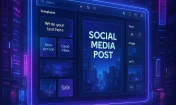 近未来都市を背景に、Canva風のSNS投稿編集インターフェースが浮かぶデジタルアート画像