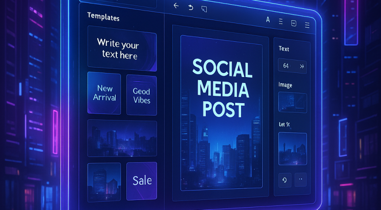 近未来都市を背景に、Canva風のSNS投稿編集インターフェースが浮かぶデジタルアート画像