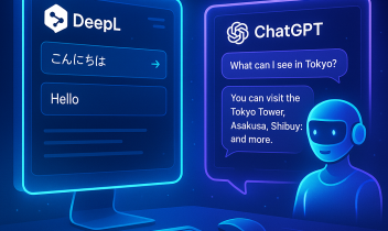 DeepLで日本語を英語に翻訳し、ChatGPTが英語プロンプトに応答する様子を描いた未来的なデジタルイラスト