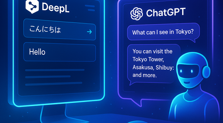 DeepLで日本語を英語に翻訳し、ChatGPTが英語プロンプトに応答する様子を描いた未来的なデジタルイラスト