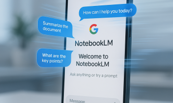 iPhoneでGoogle NotebookLMを操作している様子。画面からAIチャットバブルが浮かび上がり、近未来的な雰囲気のワークスペースが背景に広がる。