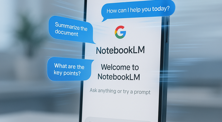 iPhoneでGoogle NotebookLMを操作している様子。画面からAIチャットバブルが浮かび上がり、近未来的な雰囲気のワークスペースが背景に広がる。