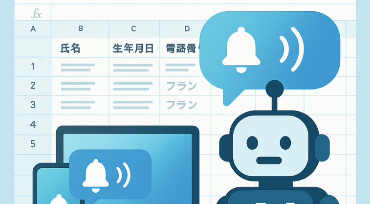 自動車学校の教習スケジュールが表示されたGoogleスプレッドシートをAIが監視し、変更通知をパソコンとスマートフォンに送信している様子