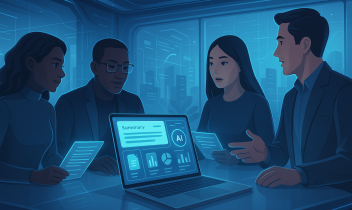 近未来的なオフィスで、AIツールを使って文書を要約・分析している多様なチームの4人。ディスプレイにはグラフやファイルアイコンが表示され、背景には都市の高層ビルと青色のインターフェースが描かれている。