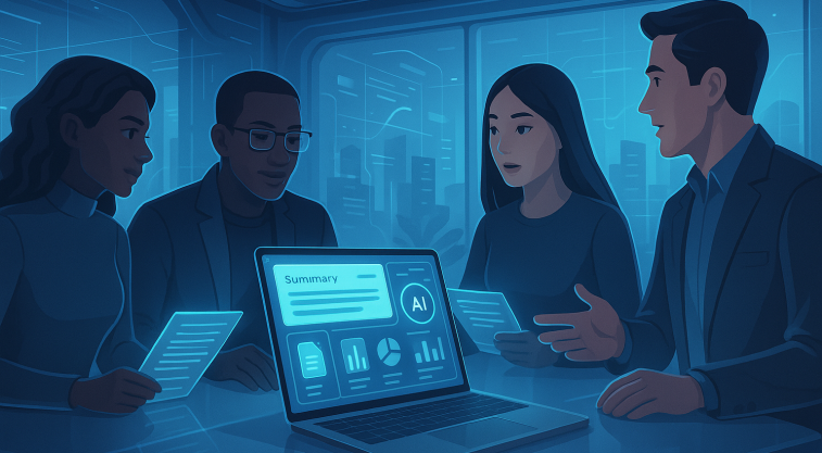 近未来的なオフィスで、AIツールを使って文書を要約・分析している多様なチームの4人。ディスプレイにはグラフやファイルアイコンが表示され、背景には都市の高層ビルと青色のインターフェースが描かれている。