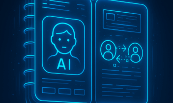 青色の近未来的なデジタルノート画面に、AIアシスタントとユーザーがデータを共有している様子。ホログラムや光るUIが浮かぶ未来的なインターフェース。