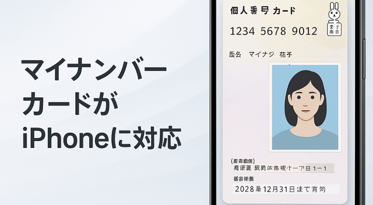 iPhoneの画面にマイナンバーカードが表示されているイメージ。近未来的な背景に、デジタル化された行政サービスを象徴するデザイン。
