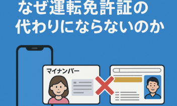 「iPhoneとマイナンバーカードはなぜ運転免許証の代わりにならないのか」という日本語のタイトル。iPhone、マイナンバーカード、運転免許証のイラストが並び、マイナンバーカードと運転免許証の間に赤い「X」マークが描かれている。