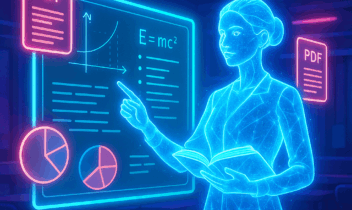 ホログラムのAI講師が、デジタル黒板で教材を動画で解説している未来的な教室の様子」