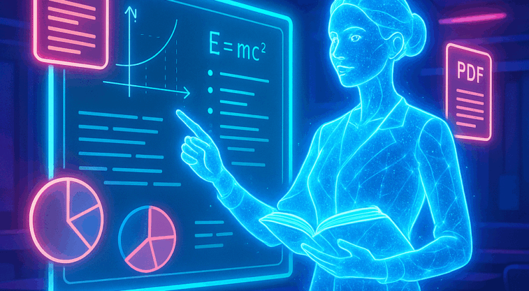 ホログラムのAI講師が、デジタル黒板で教材を動画で解説している未来的な教室の様子」