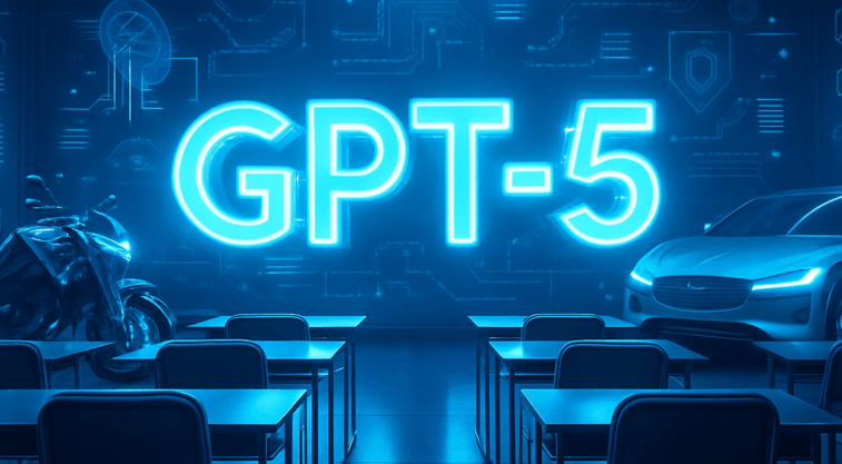 未来的な教習所の教室に最新型バイクと車、中央に輝く「GPT-5」の立体文字が浮かぶシーン