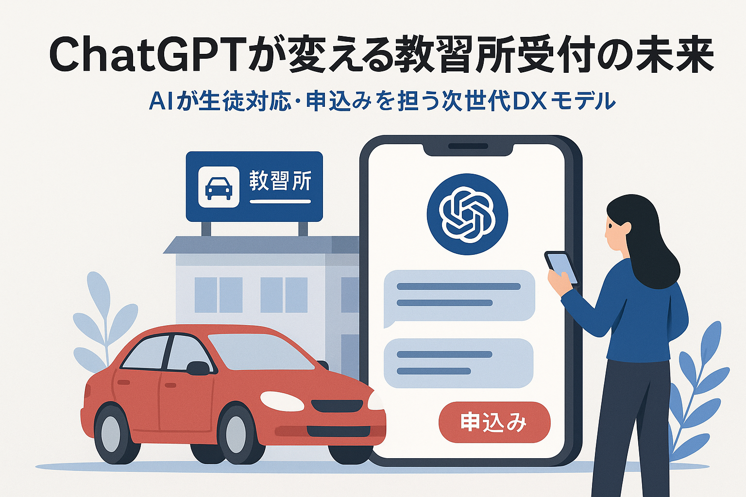 スマートフォンの画面にChatGPTのチャット画面が表示され、教習所の前で女性がAIを使って申込みをしている様子のイラスト。AIによる自動車学校受付の未来を象徴。