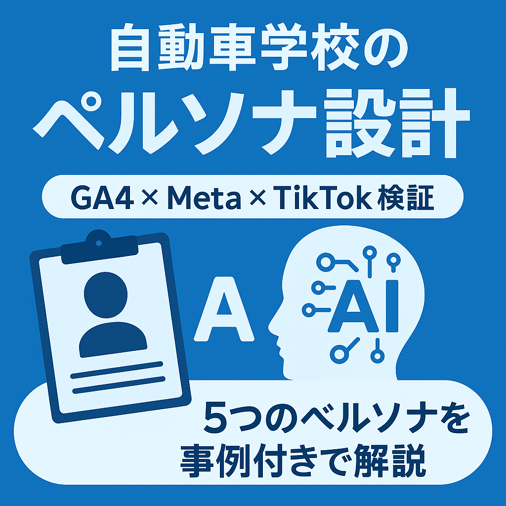 青を基調にAIとデータ分析を象徴するデザイン。中央に「ペルソナ設計で共感を生む発信を」というタイトルが配置された、マーケティングブログ用アイキャッチ画像。